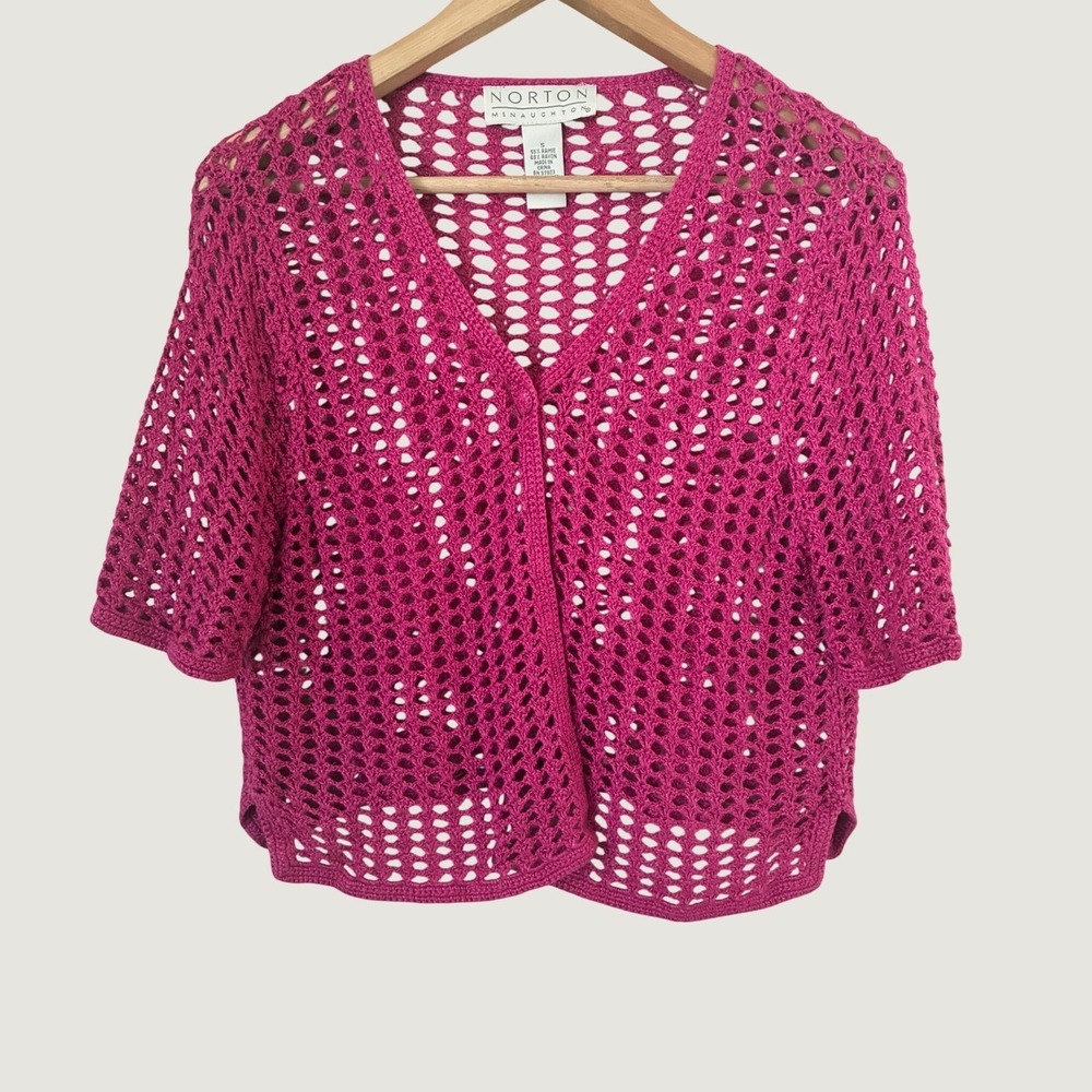 Norton McNaughton Y2K Pink Crochet Open Knit Cardigan S Boho Festival
